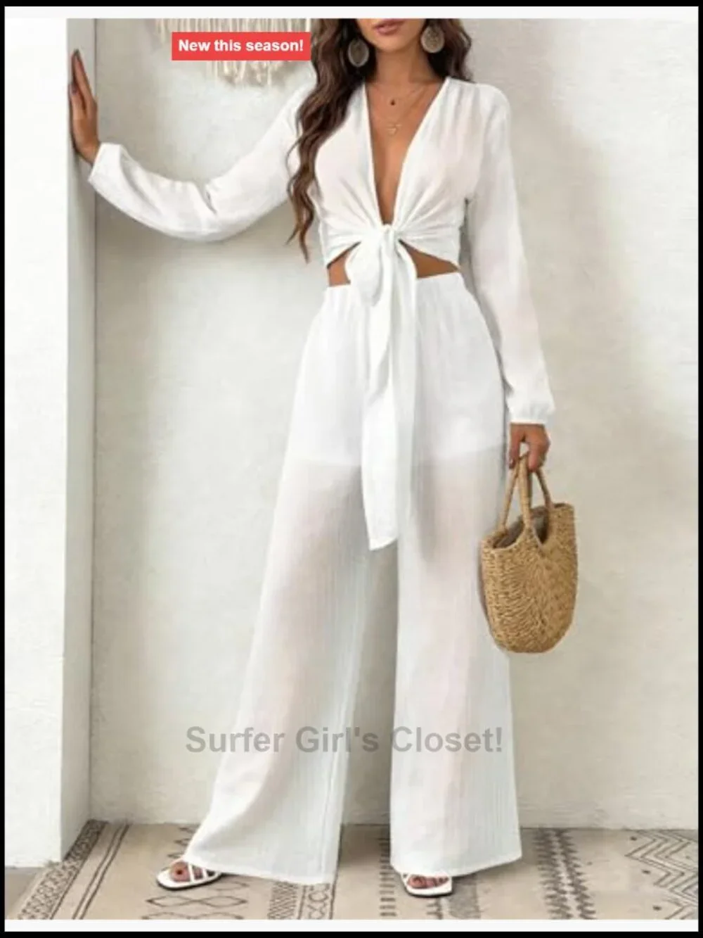 Women's 2 Piece Swim Cover Up Set Long Sleeve Tie Sheer Top Pant